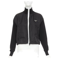 PRADA 2021 Re Nylon virgin wool silver plague logo high neck zip jacket IT38 XS