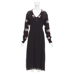 PRADA 2021 Runway black sable checkered wool sleeves V-neck midi dress IT38 XS