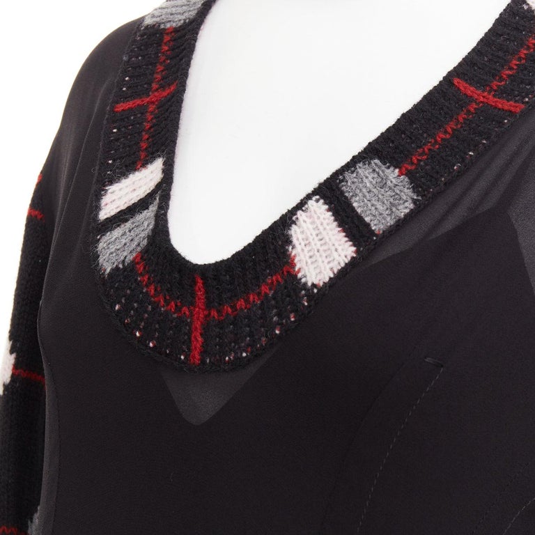 PRADA 2021 Runway black sable checkered wool sleeves V-neck midi