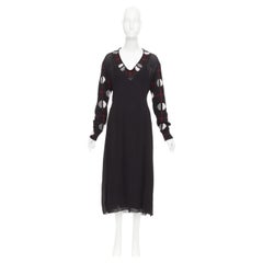 PRADA 2021 Runway black sable checkered wool sleeves V-neck midi dress IT38 XS
