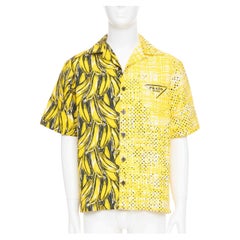 PRADA 2021 Runway Double Match Bananas Tweed yellow cotton bowling shirt S