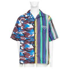 PRADA 2021 Runway Double Match camo stripe oversized light nylon bowling shirt