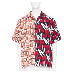PRADA 2021 Runway Double Match geometric iris red floral split bowling shirt M