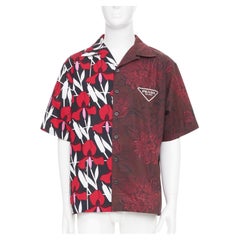 PRADA 2021 Runway Double Match red iris burgundy floral split bowling shirt L