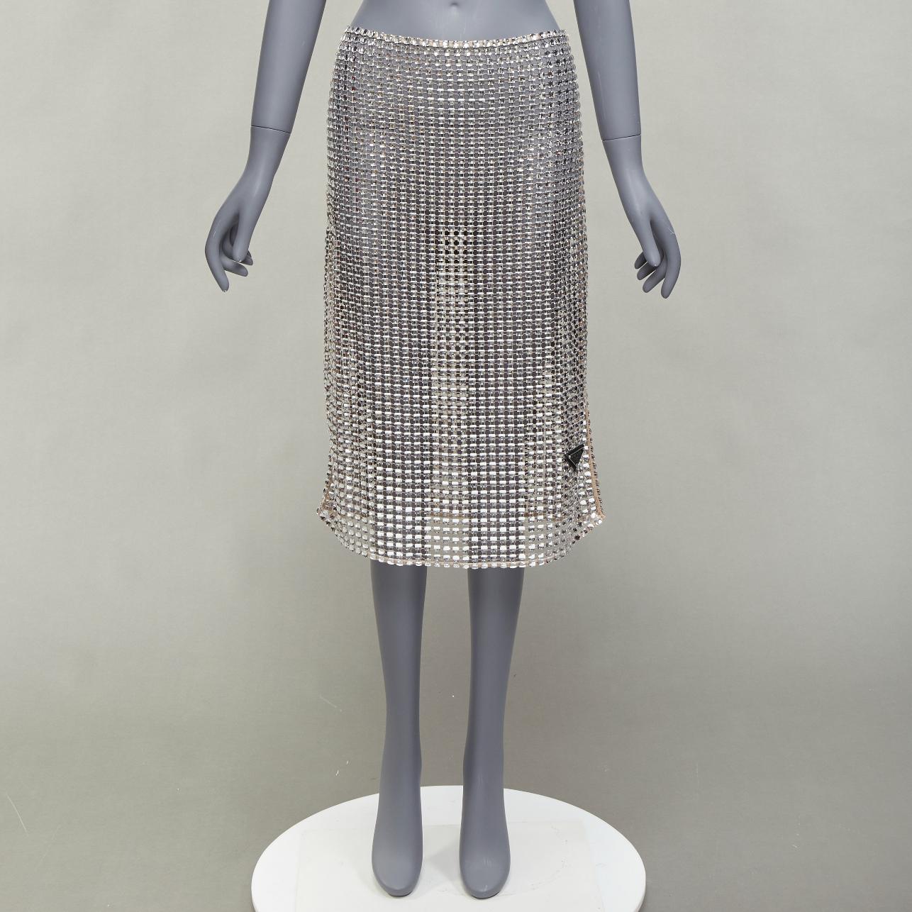 Grigio PRADA 2021 Runway square crystal elastic mesh triangle logo plate midi skirt S in vendita