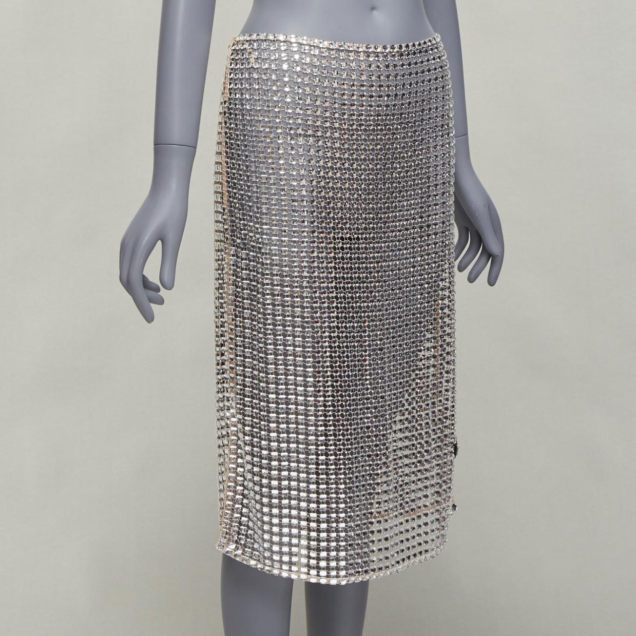 PRADA 2021 Runway square crystal elastic mesh triangle logo plate midi skirt S In condizioni buone in vendita a Hong Kong, NT