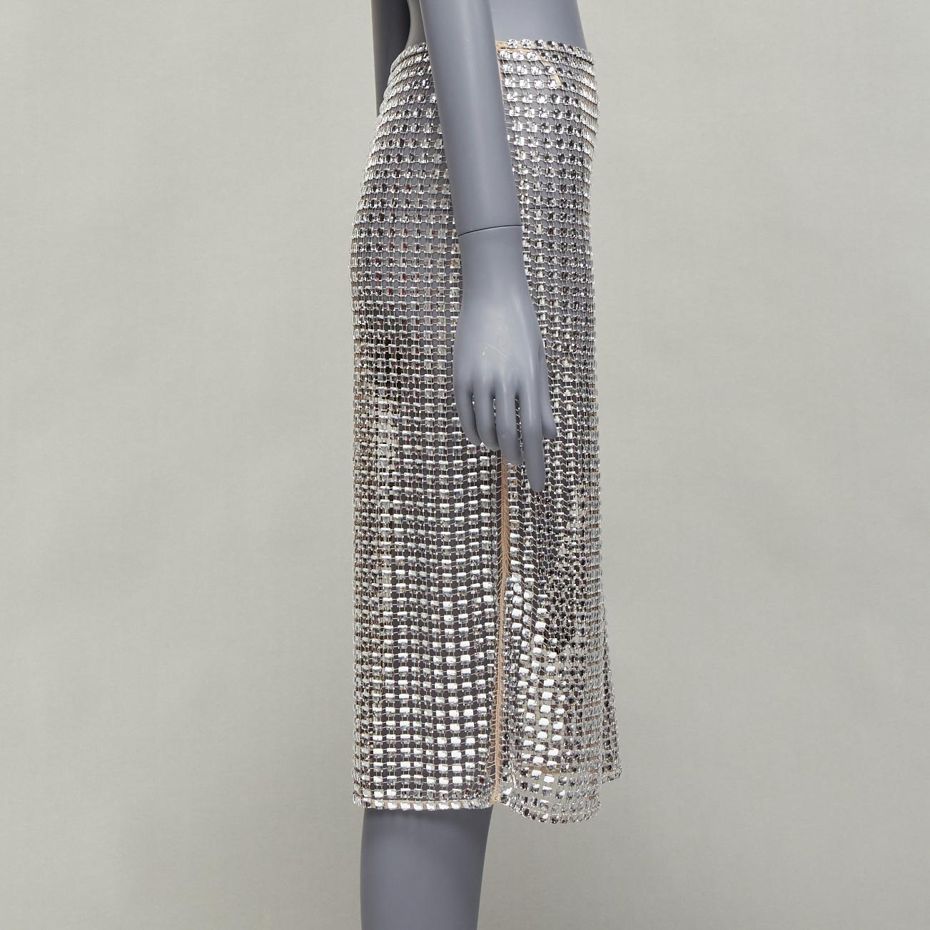 Donna PRADA 2021 Runway square crystal elastic mesh triangle logo plate midi skirt S in vendita