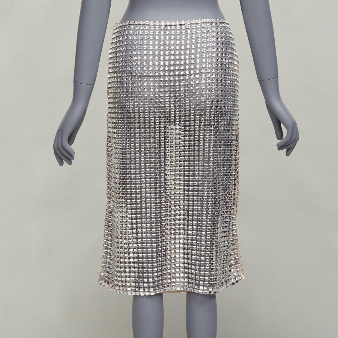 PRADA 2021 Runway square crystal elastic mesh triangle logo plate midi skirt S in vendita 1