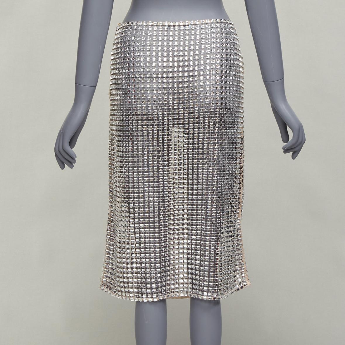 PRADA 2021 Runway square crystal elastic mesh triangle logo plate midi skirt S For Sale 2