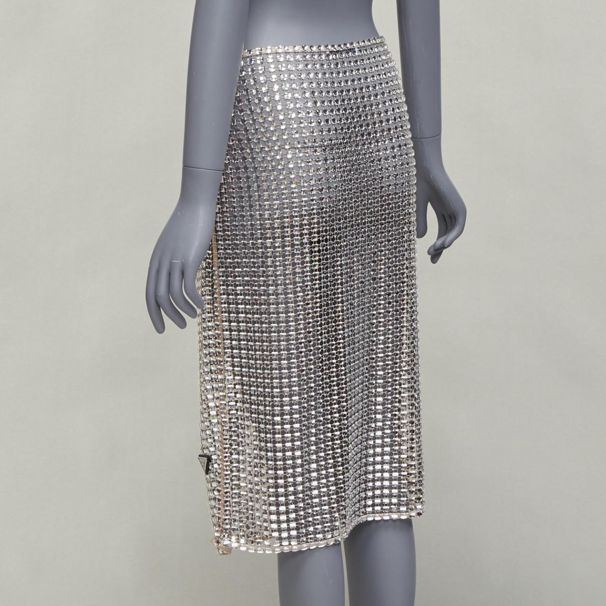 PRADA 2021 Runway square crystal elastic mesh triangle logo plate midi skirt S in vendita 2