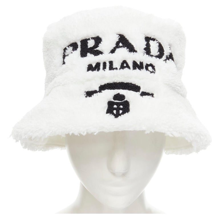 Prada Logo-Embroidered Terry Cloth Bucket Hat White Size Small Prada Milano Logo-Embroidered Terrycloth Bucket Hat – Bella Ling main image 3