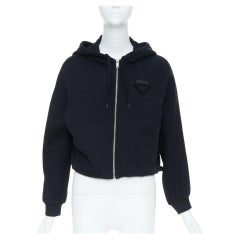 PRADA 2021 tonal black cotton knit triangle logo zip up cropped hoodie jacket S