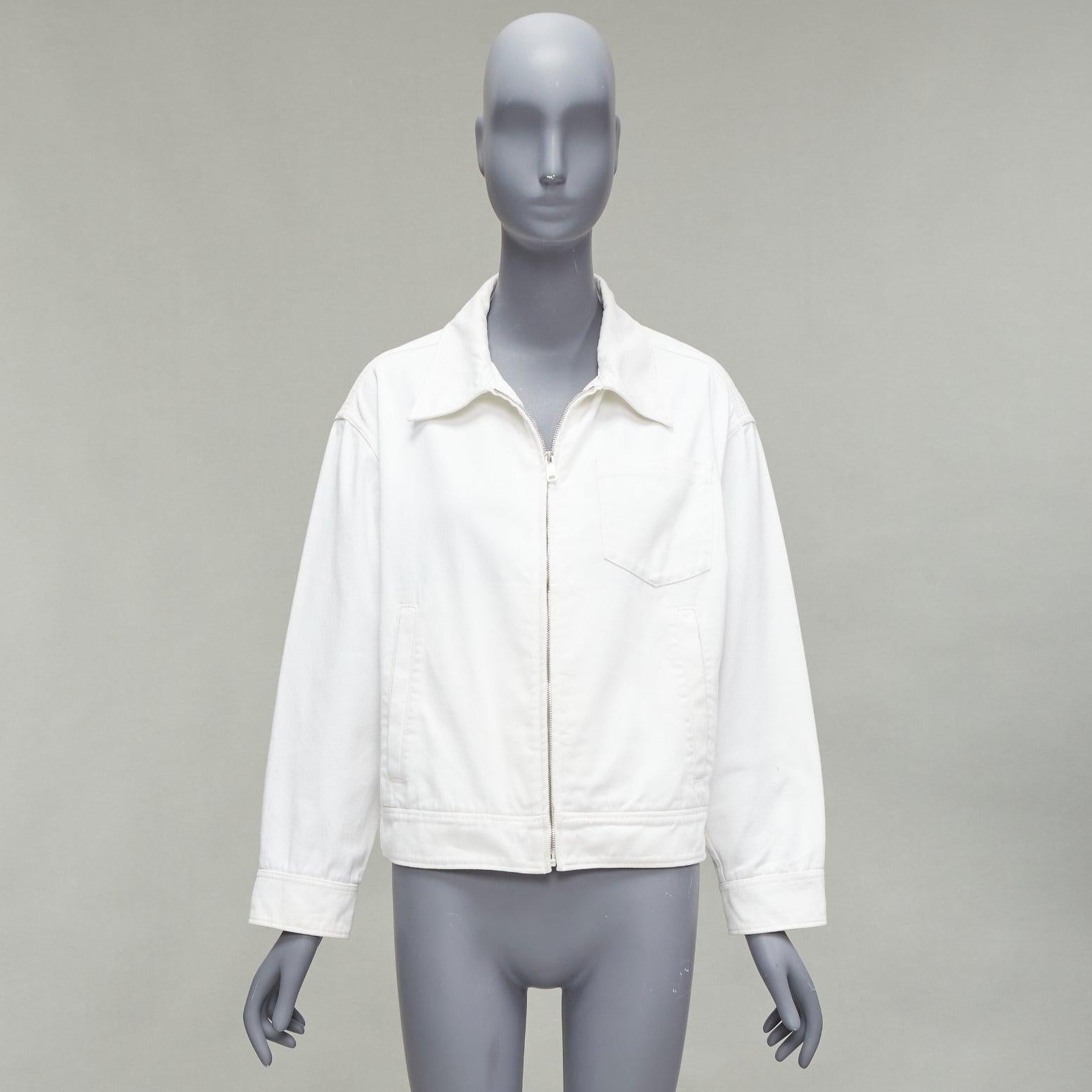 PRADA 2021 white denim 3D logo back pocketed cropped zip up jacket M For Sale 6