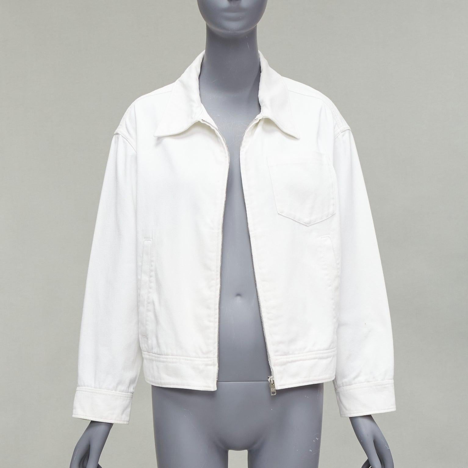 PRADA 2021 white denim 3D logo back pocketed cropped zip up jacket M In Good Condition For Sale In Hong Kong, NT