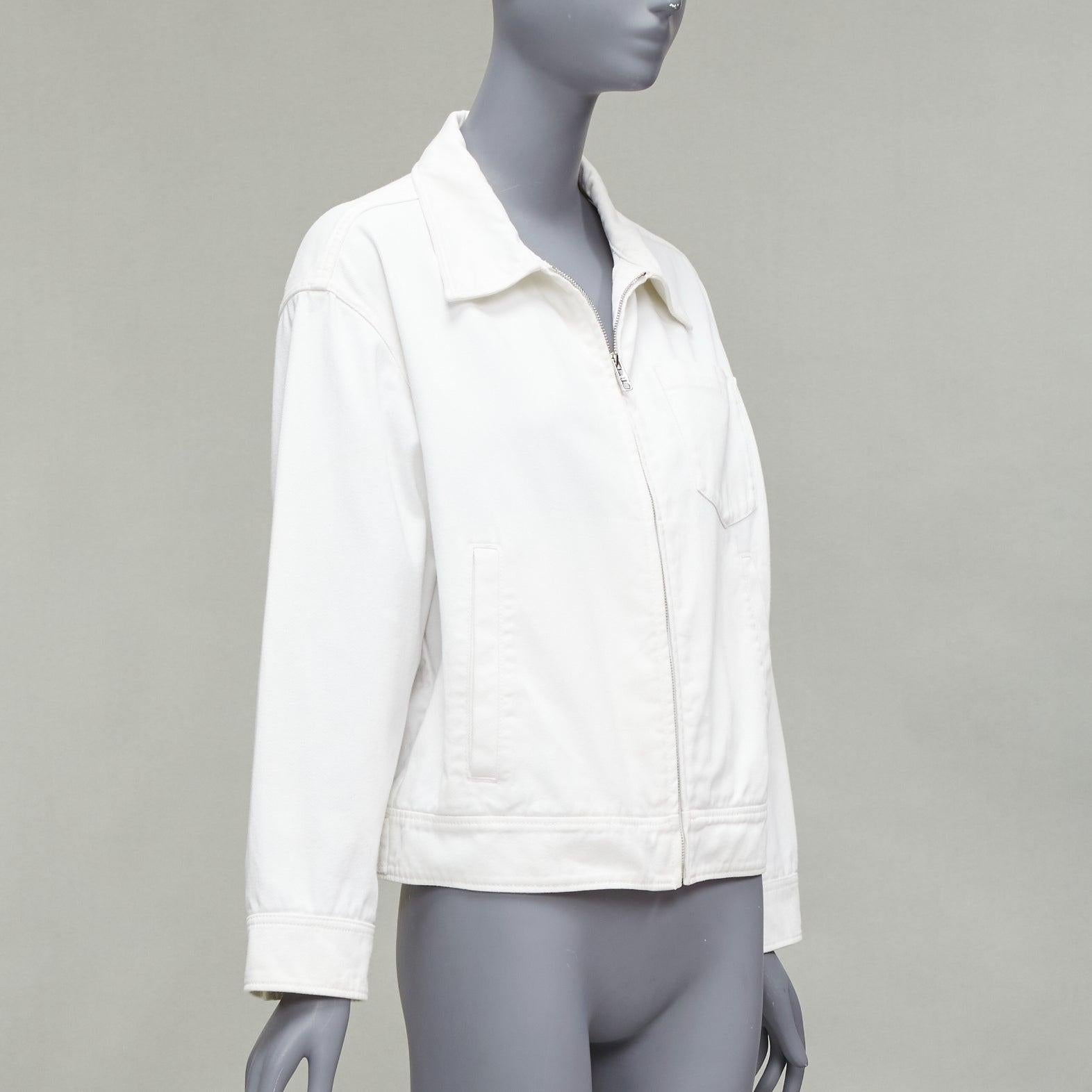 Women's PRADA 2021 white denim 3D logo back pocketed cropped zip up jacket M For Sale
