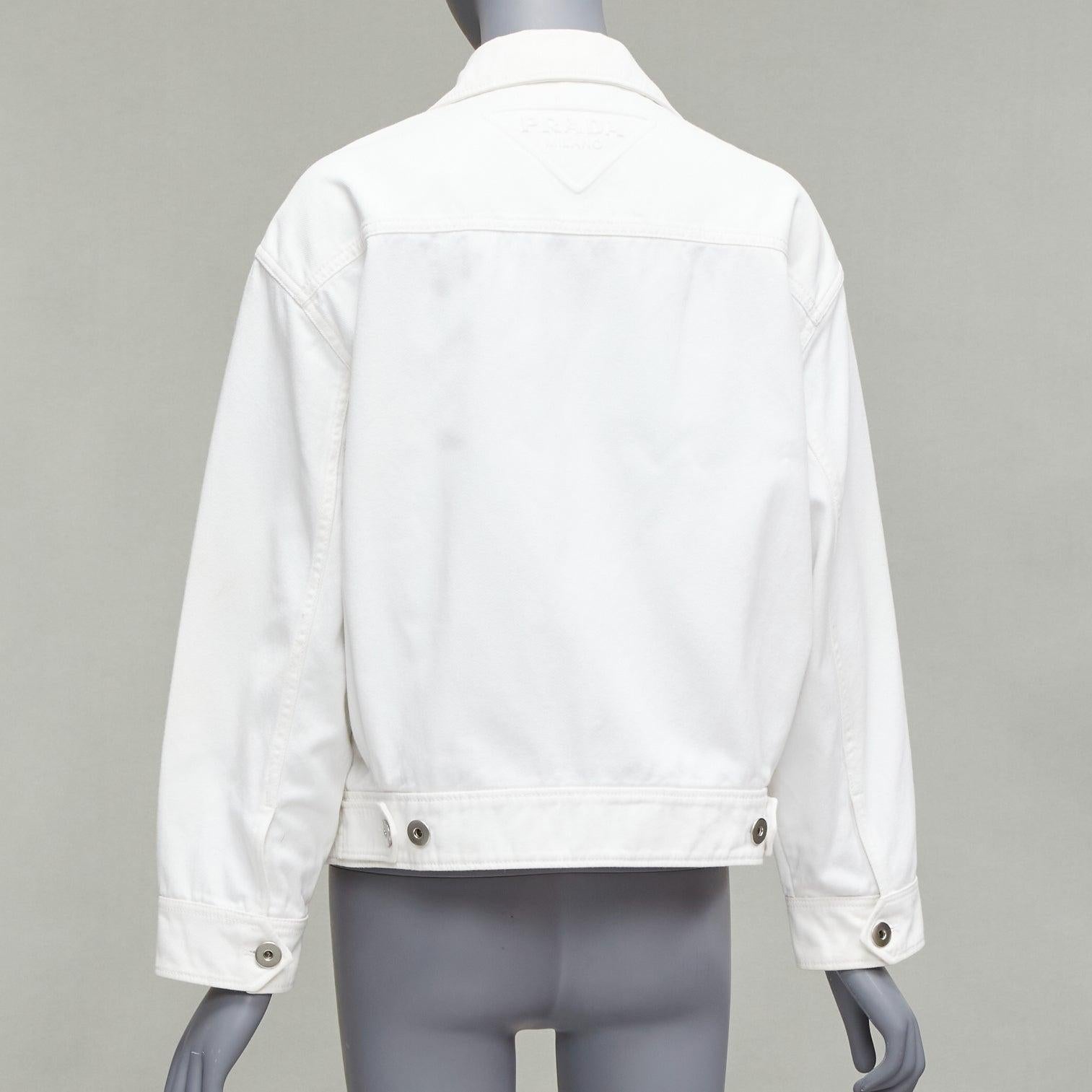PRADA 2021 white denim 3D logo back pocketed cropped zip up jacket M For Sale 2
