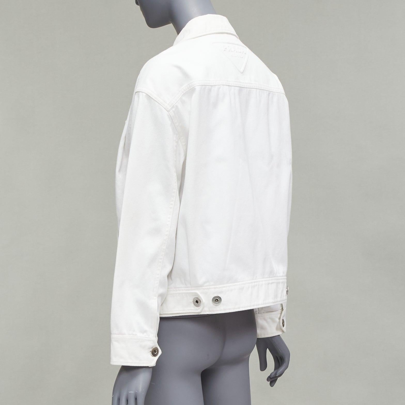 PRADA 2021 white denim 3D logo back pocketed cropped zip up jacket M For Sale 3