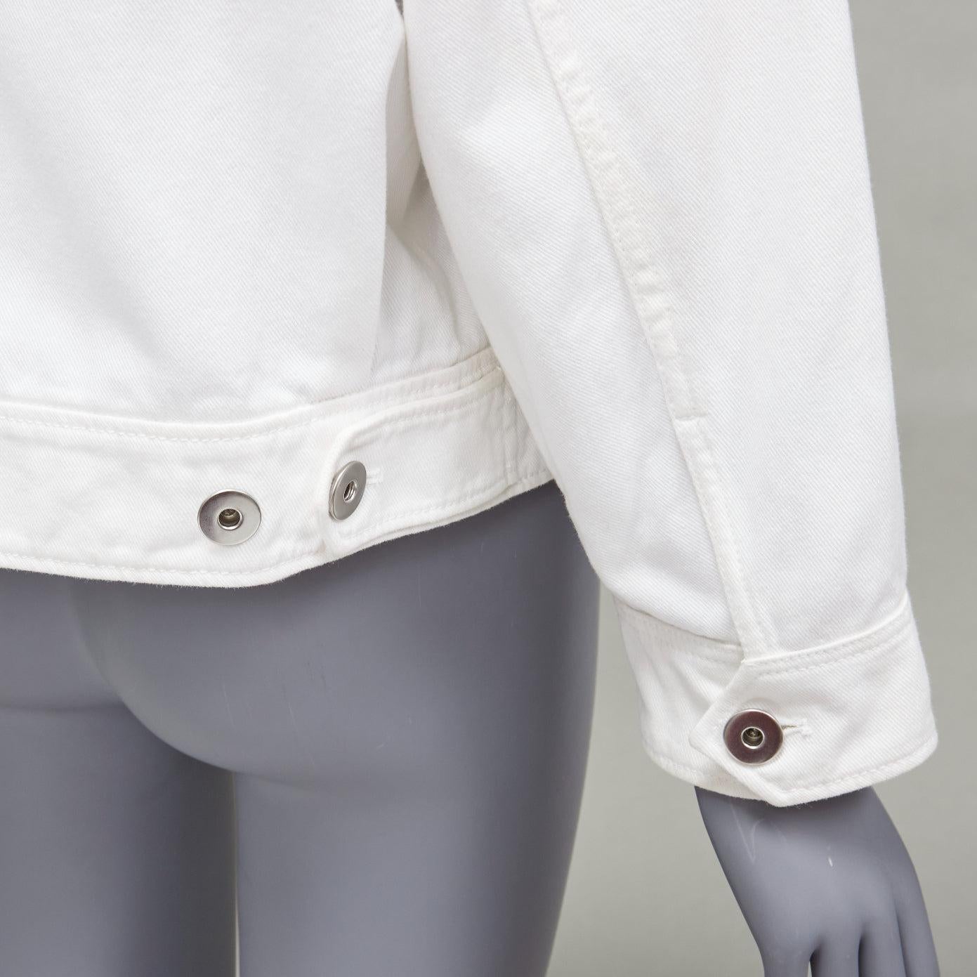 PRADA 2021 white denim 3D logo back pocketed cropped zip up jacket M For Sale 4