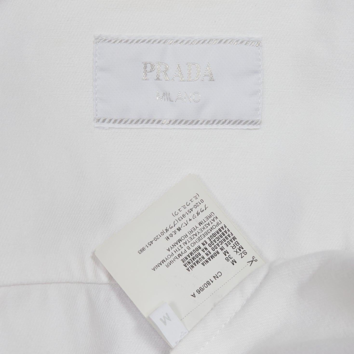 PRADA 2021 white denim 3D logo back pocketed cropped zip up jacket M For Sale 5