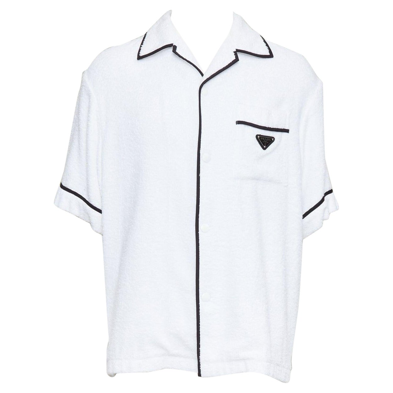 PRADA 2021 camicia da bowling in spugna bianca con logo triangolo nero M.