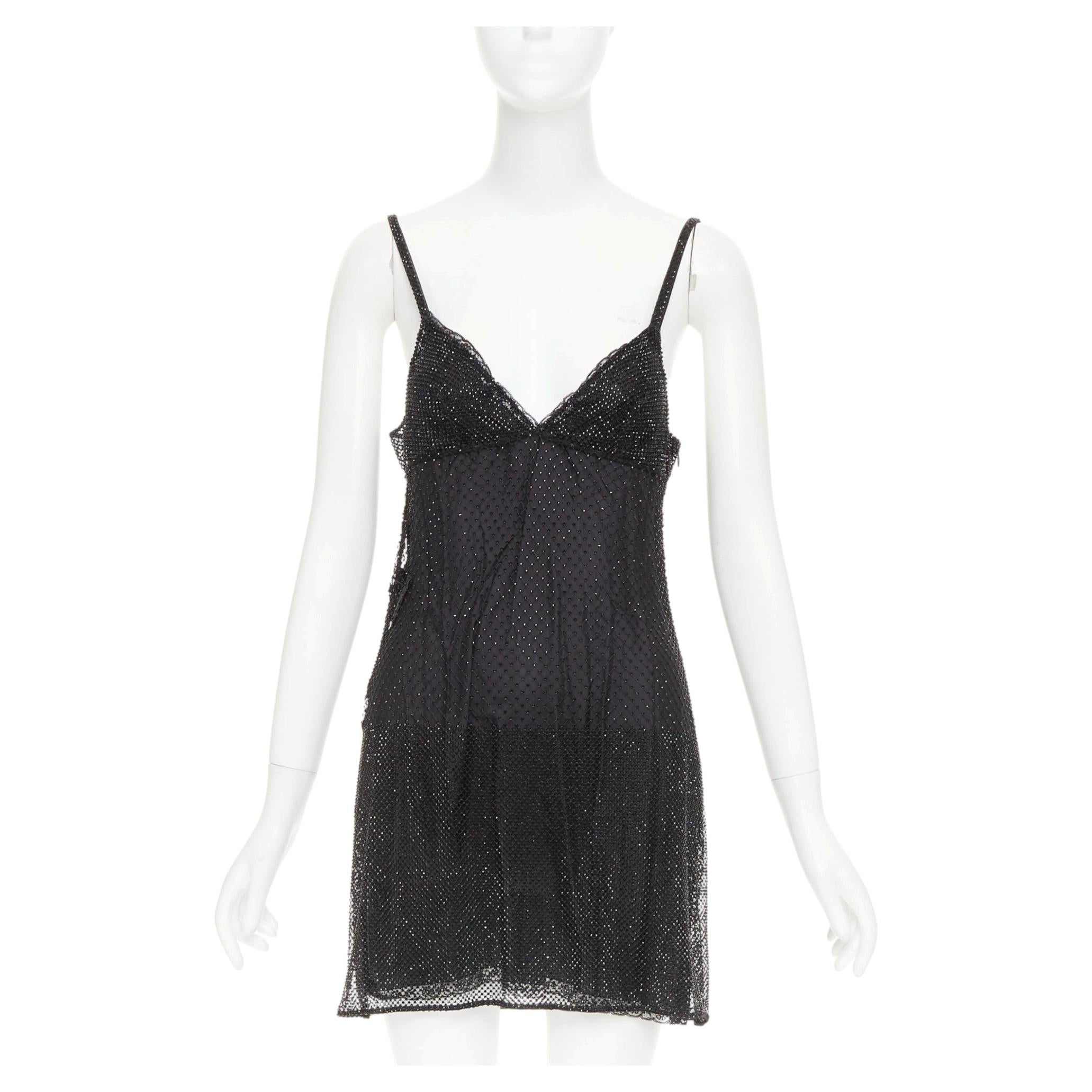 Vestido lencero mini de PRADA 2022, negro, con adornos de cristales de strass en degradado, talla IT40 S