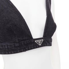 PRADA 2022 dark grey denim black triangle logo plaque bralette crop top IT42 M