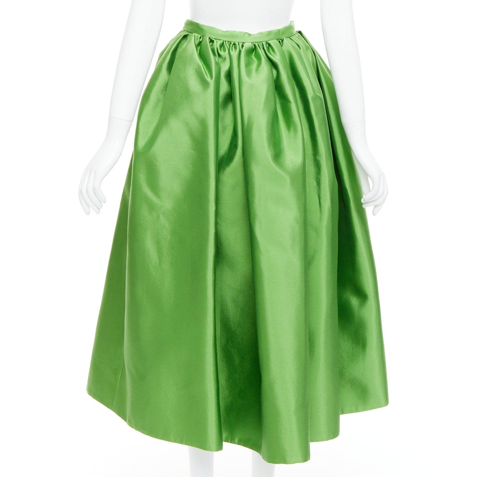 Women's PRADA 2022 green silk duchesse high waisted midi full skirt IT38 XS