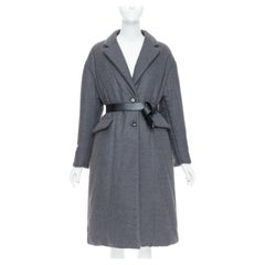 PRADA 2022 grigio cashmere lana pelle logo cintura imbottita cappotto IT36 XS