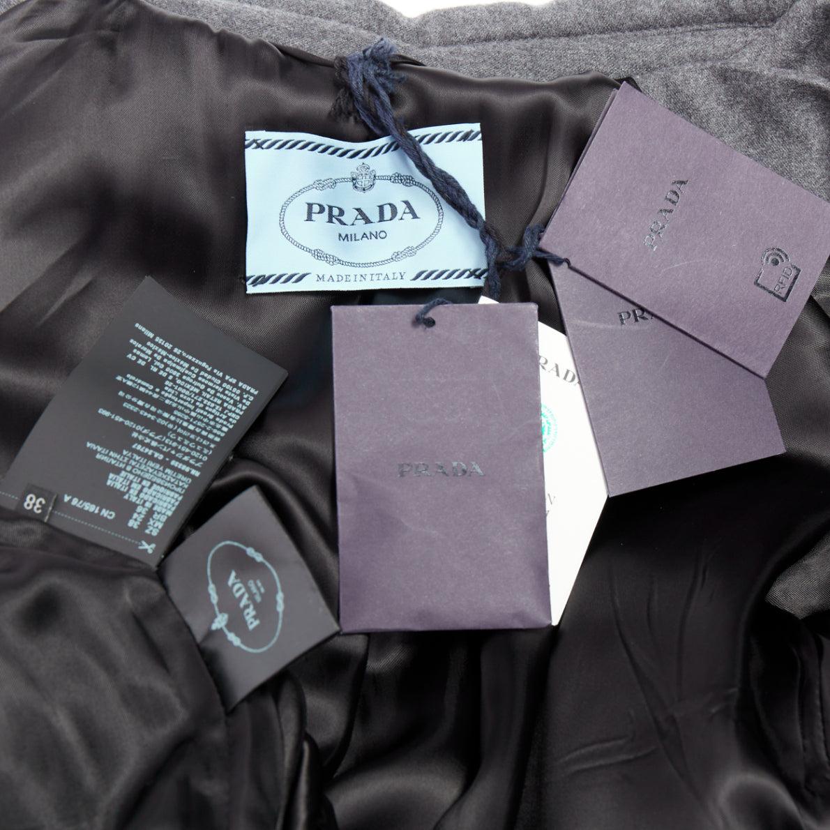 PRADA 2022 Grau Kaschmir Wolle Leder Logo Gürtel gepolsterter Mantel IT40 S 5