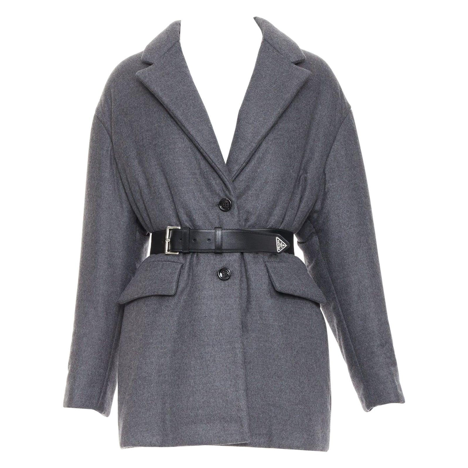 PRADA 2022 grigio cashmere lana argento logo pelle cintura imbottita cappotto IT40 S