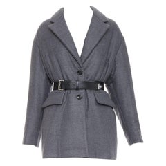 PRADA 2022 abrigo acolchado con cinturón de piel y logotipo plateado de lana de cachemira gris IT40 S