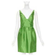 PRADA 2022 Kelly green duchess silk V-neck sleeveless mini dress IT42 M