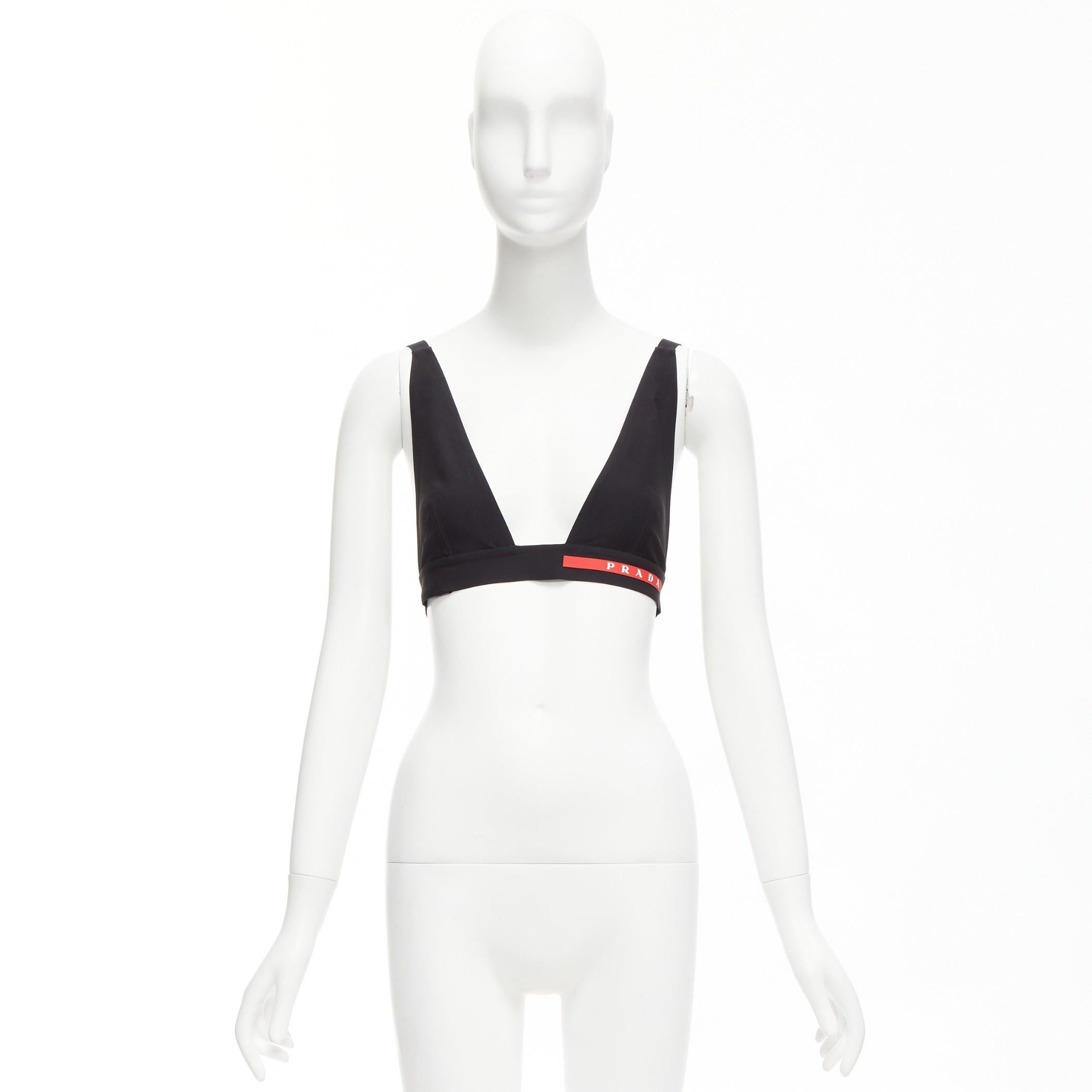 PRADA 2022 Linea Rossa black jersey red logo triangle bikini bra top XS For Sale 5