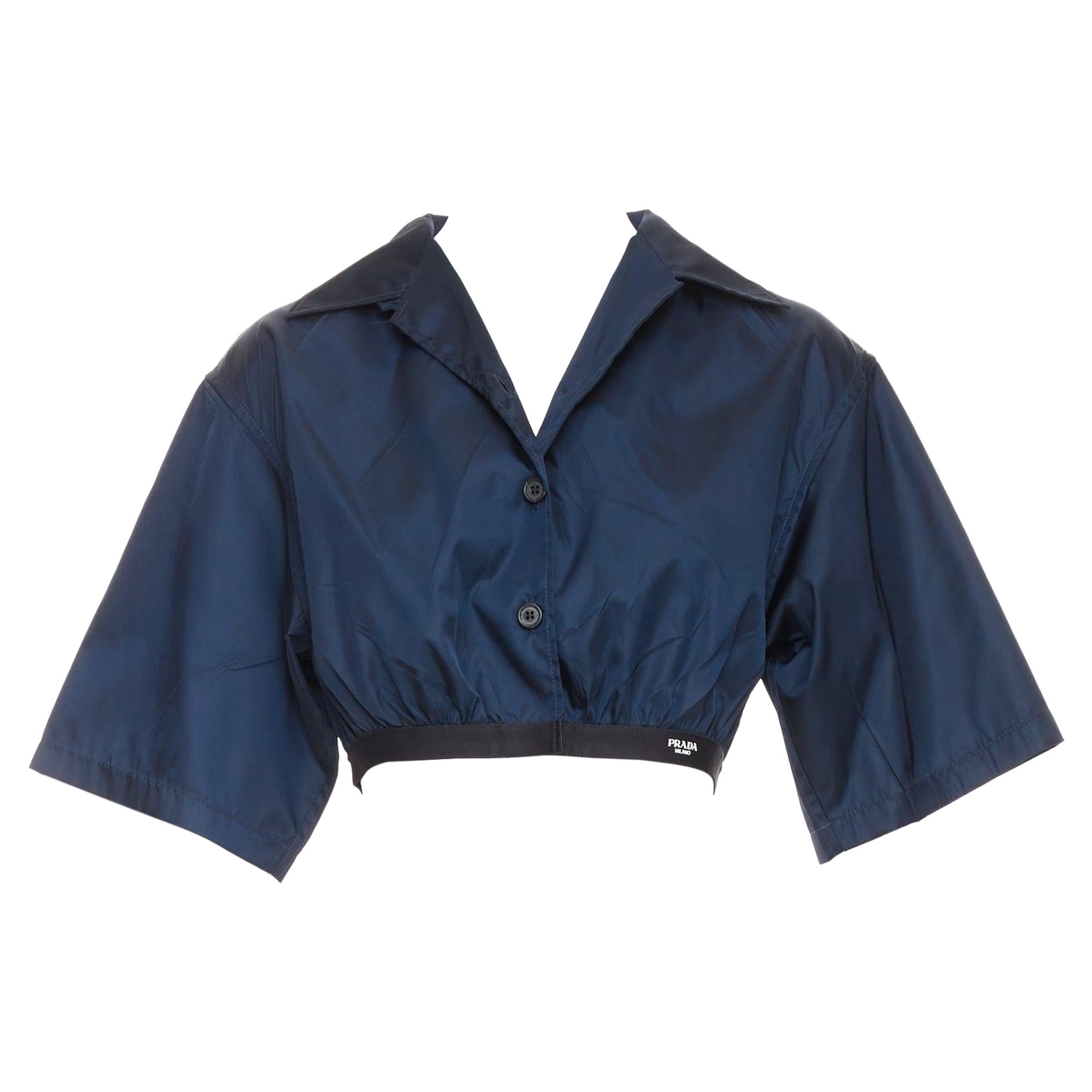 PRADA 2022 Re-Nylon, camicia boxy con logo bianco e blu navy IT38 XS