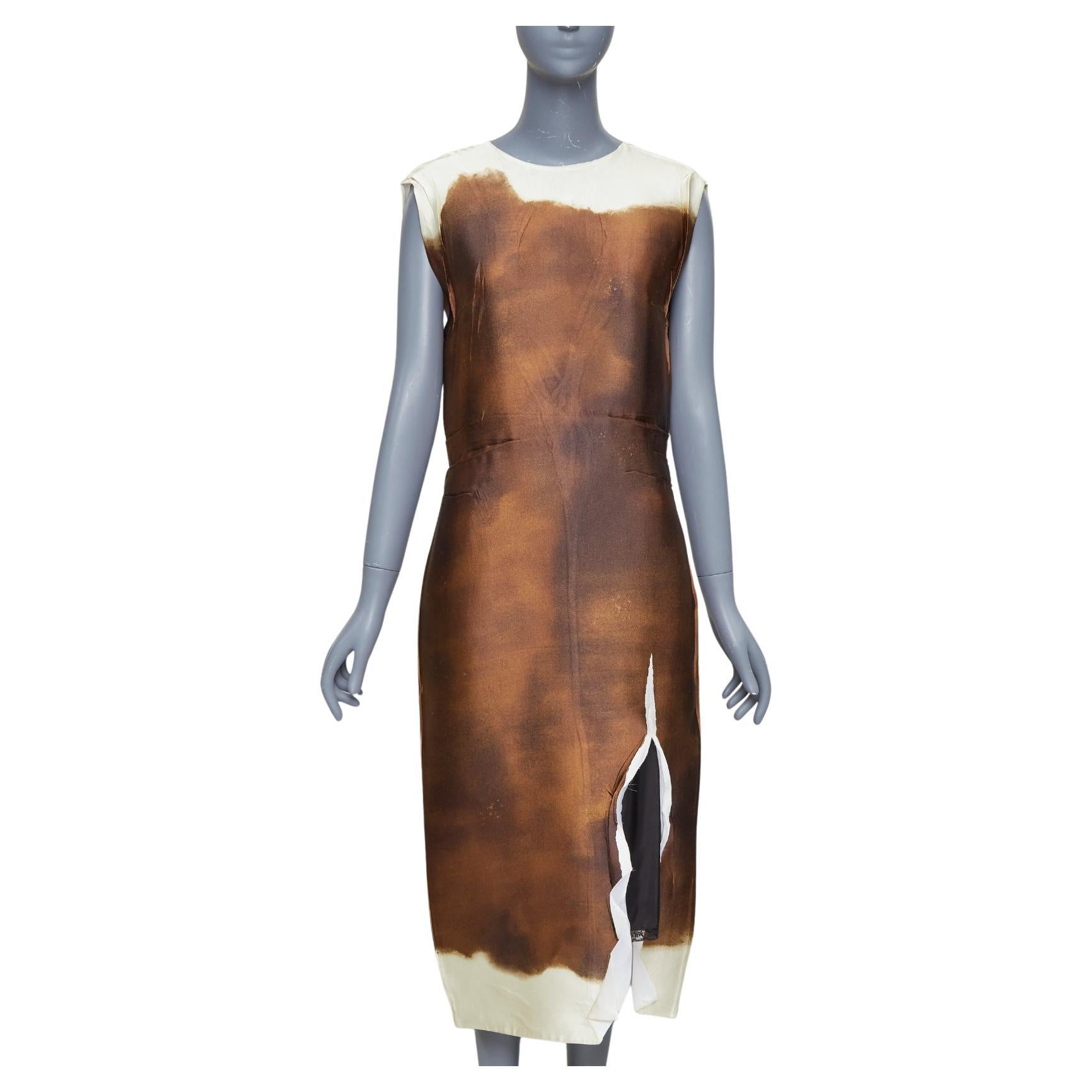 PRADA 2022 Runway braun cremefarbene Seidenmischung tie dye trompe loeil geschlitztes Kleid IT38 XS