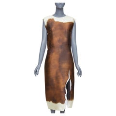 PRADA 2022 Runway brown cream silk blend tie dye trompe loeil slit dress IT38 XS PRADA 2022 Runway brown cream silk blend tie dye trompe loeil slit dress IT38 XS