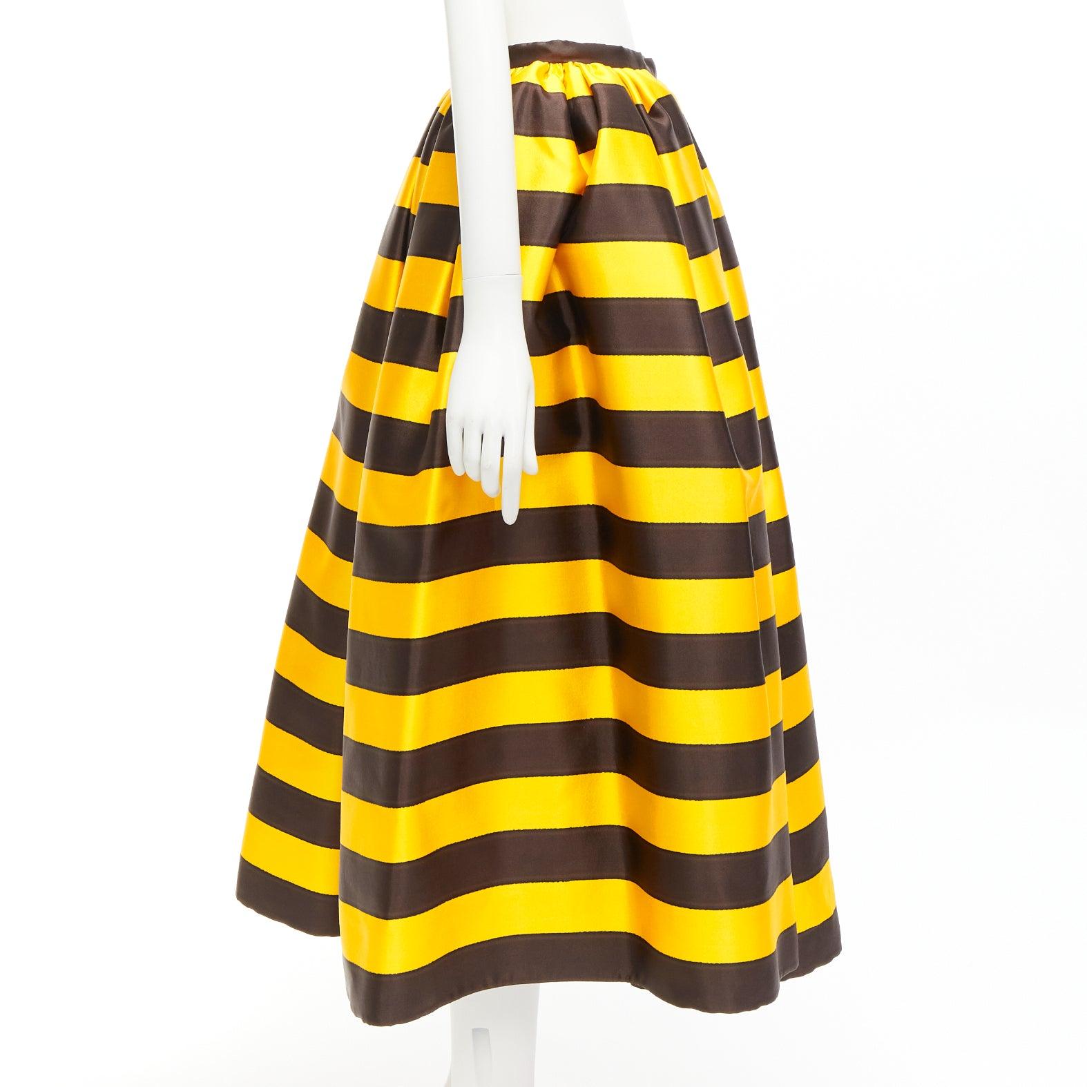 Women's PRADA 2022 Tropico yellow brown silk wool stripe midi full skirt IT38 XS For Sale