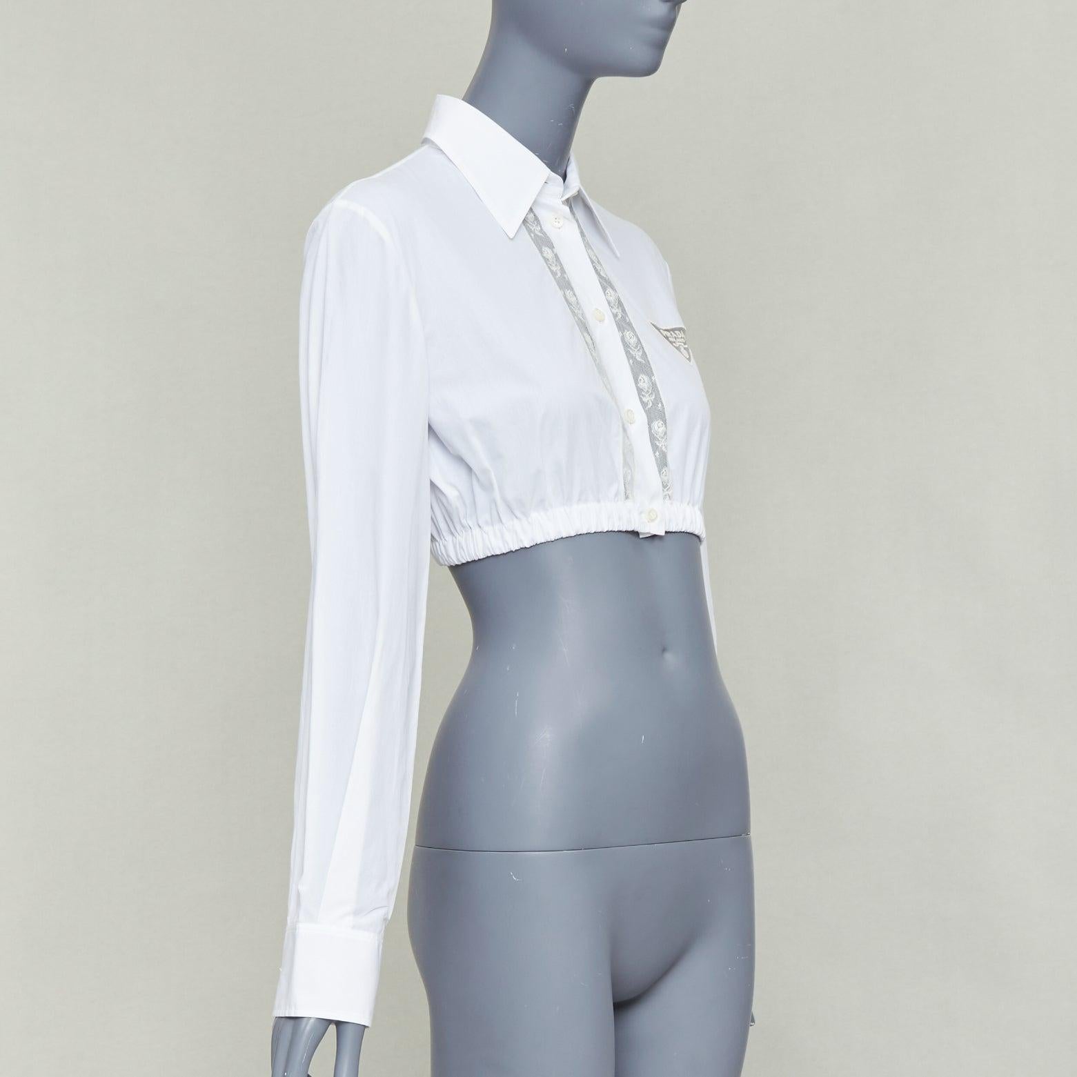 PRADA 2022 weiß Baumwolle Creme Spitze trimmen hohlen Logo abgeschnitten Shirt IT38 XS (Weiß) im Angebot