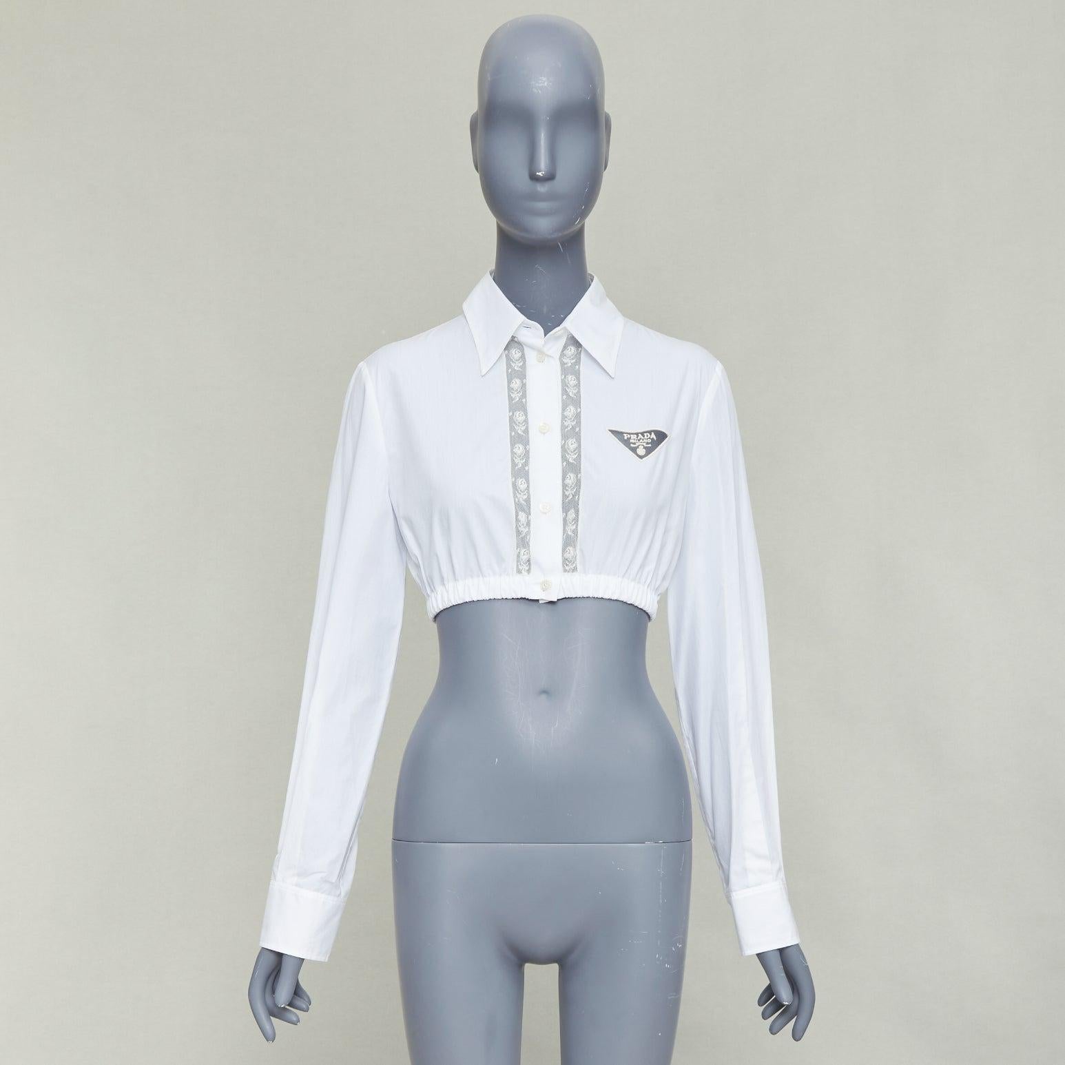 PRADA 2022 weiß Baumwolle Creme Spitze trimmen hohlen Logo abgeschnitten Shirt IT38 XS im Angebot 4