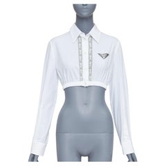 PRADA 2022 white cotton cream lace trim hollow logo cropped shirt IT38 XS