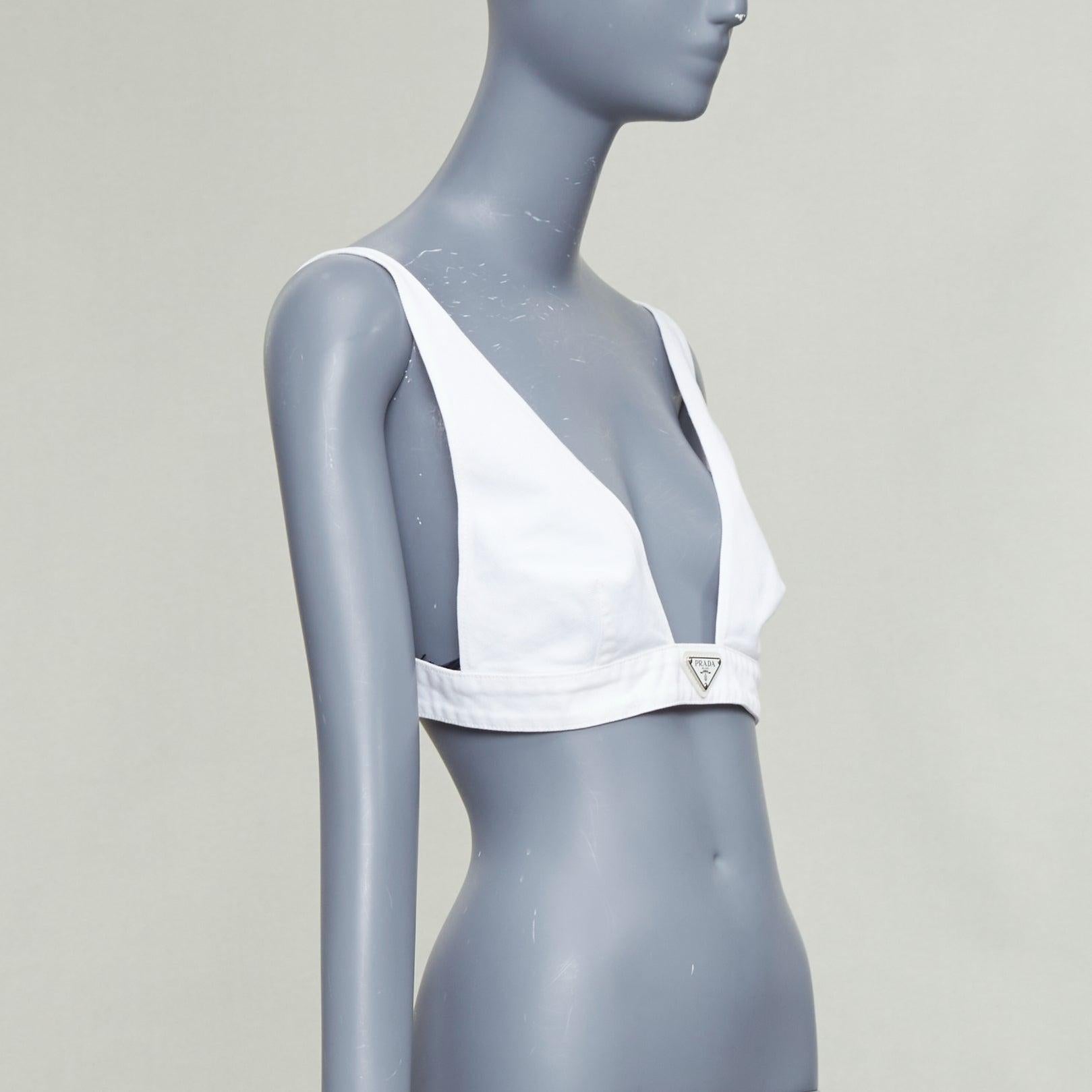 PRADA 2022 white distressed denim triangle logo plunge bralette crop top IT42 M (Grau) im Angebot