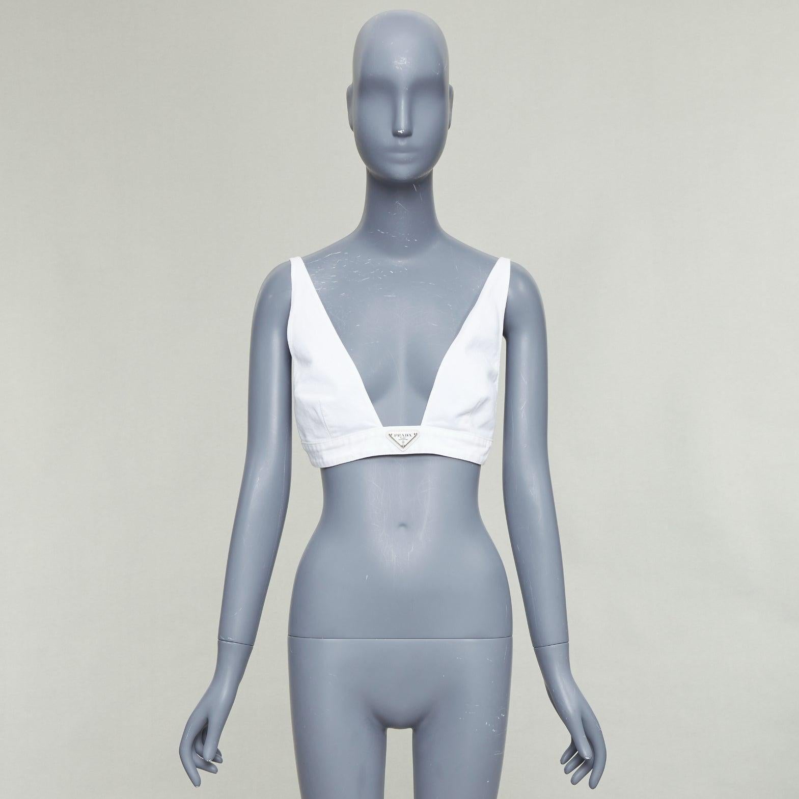 PRADA 2022 white distressed denim triangle logo plunge bralette crop top IT42 M im Angebot 4