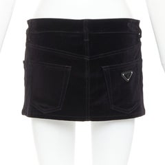 PRADA 2023 black velvet denim silver triangle logo low rise mini skirt IT40 S