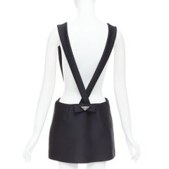 PRADA 2023 black virgin wool blend logo bow back suspender mini skirt IT40 S