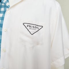 PRADA 2023 Double Match Vichy Split Gingham Check – weißes Bowlinghemd aus Seide, Größe L