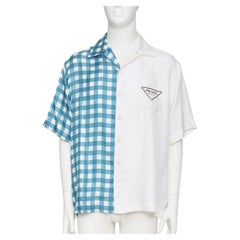 PRADA 2023 Double Match Vichy Split Gingham Check – weißes Bowlinghemd aus Seide, Größe L
