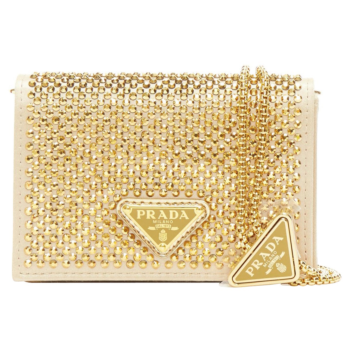PRADA 2023 gold crystal triangle logo lanyard micro crossbody cardholder bag