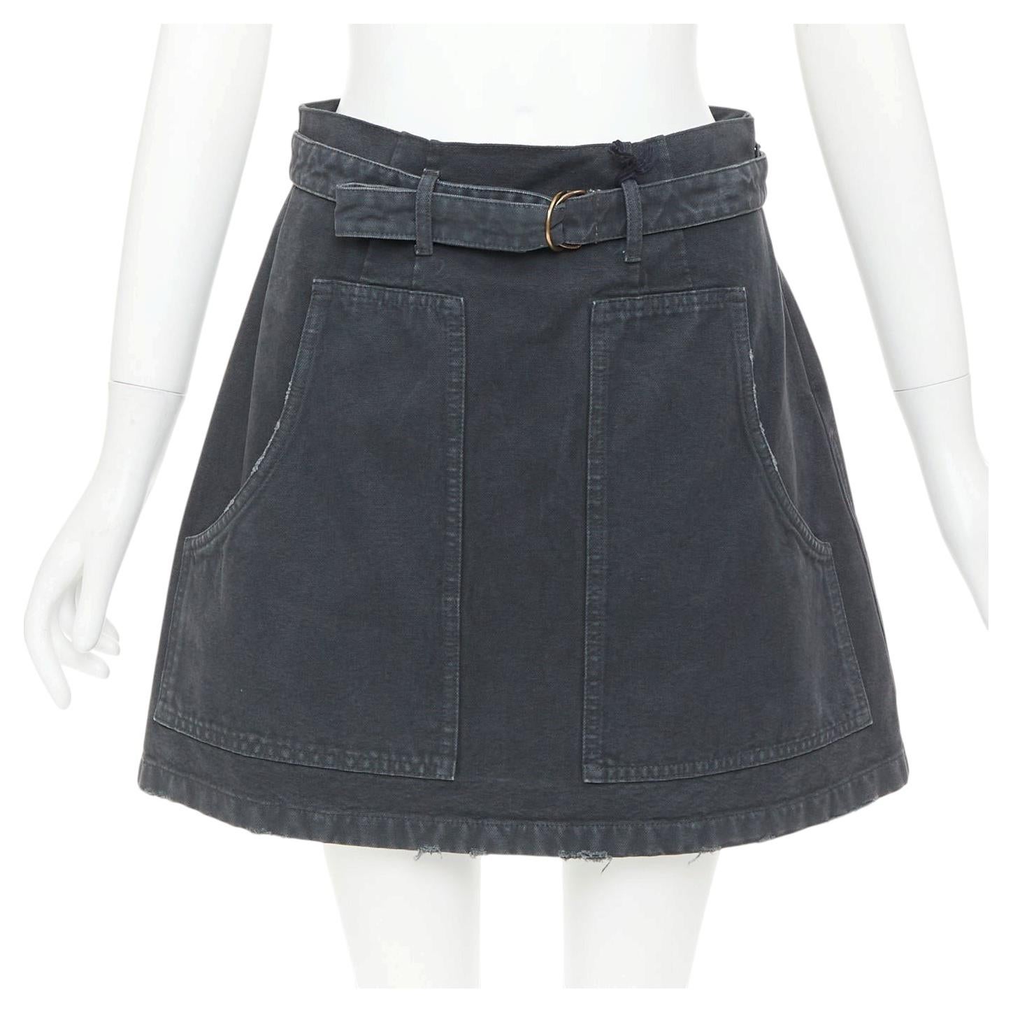PRADA 2023 grey washed distressed  denim cargo pocket belted mini skirt IT38 XS For Sale