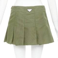 PRADA 2023 khaki nylon canvas triangle logo plate pleated mini skirt IT38 XS