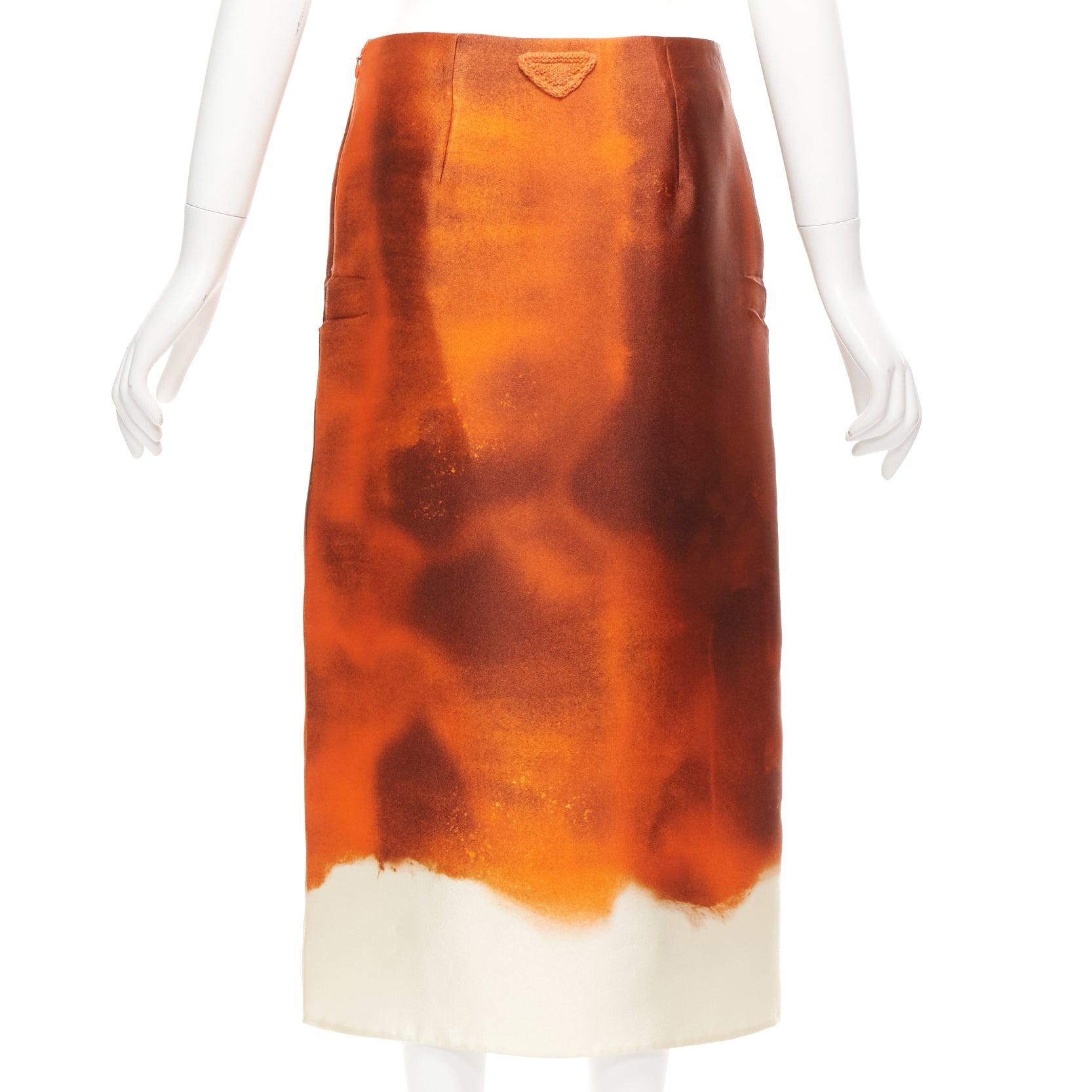 Women's PRADA 2023 orange water dyed side slit crinkled silk blend skirt IT38 XS For Sale